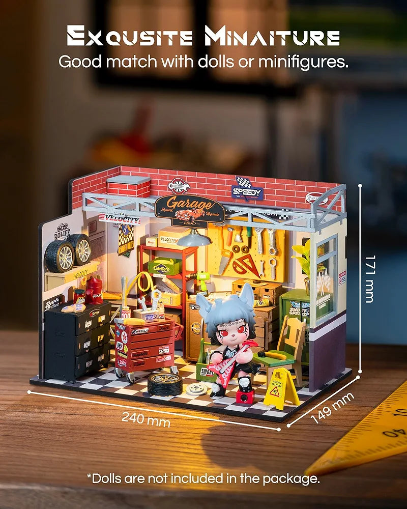Miniature DIY Wooden Garage Workshop Kit with LED Lights