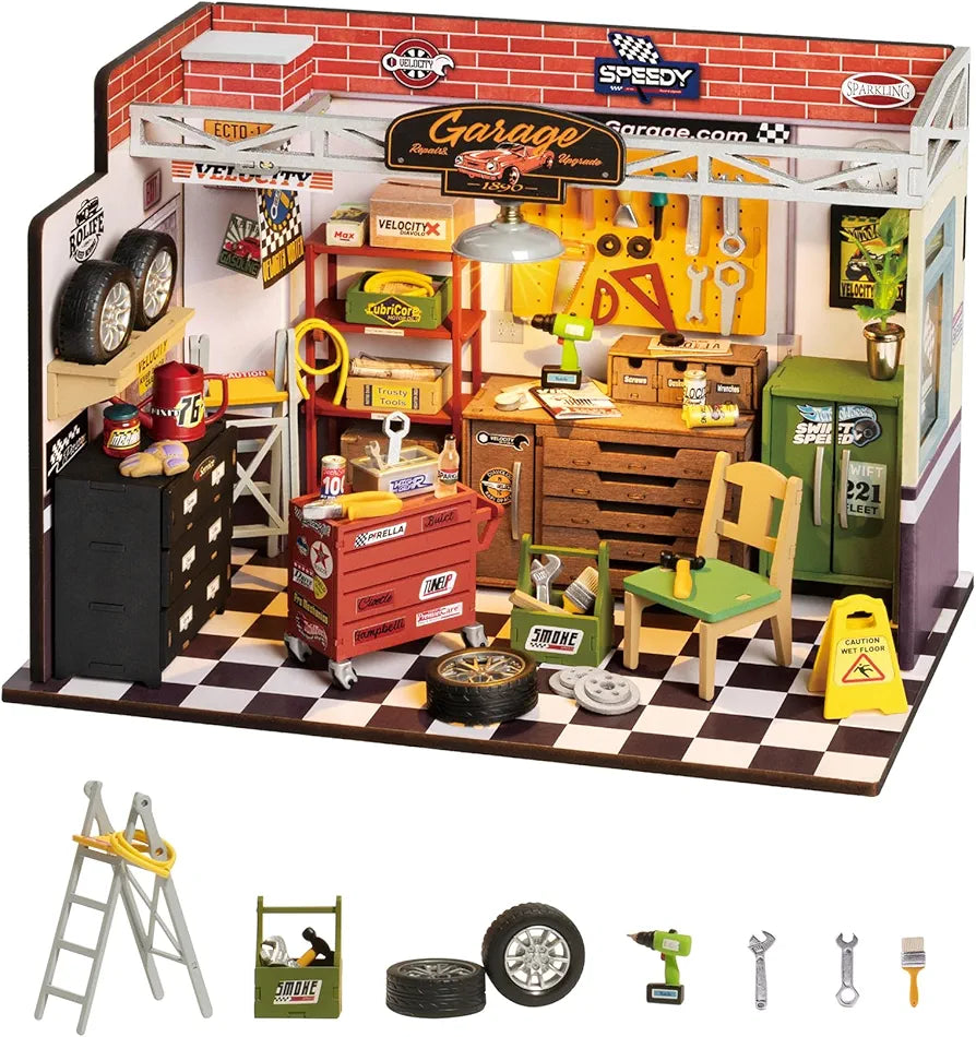 Miniature DIY Wooden Garage Workshop Kit with LED Lights