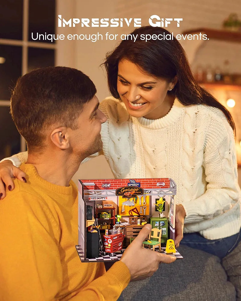 Miniature DIY Wooden Garage Workshop Kit with LED Lights