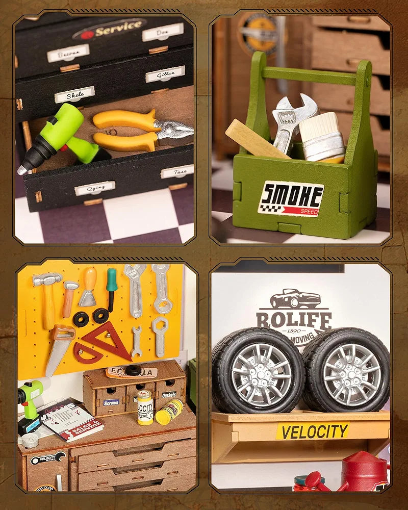 Miniature DIY Wooden Garage Workshop Kit with LED Lights