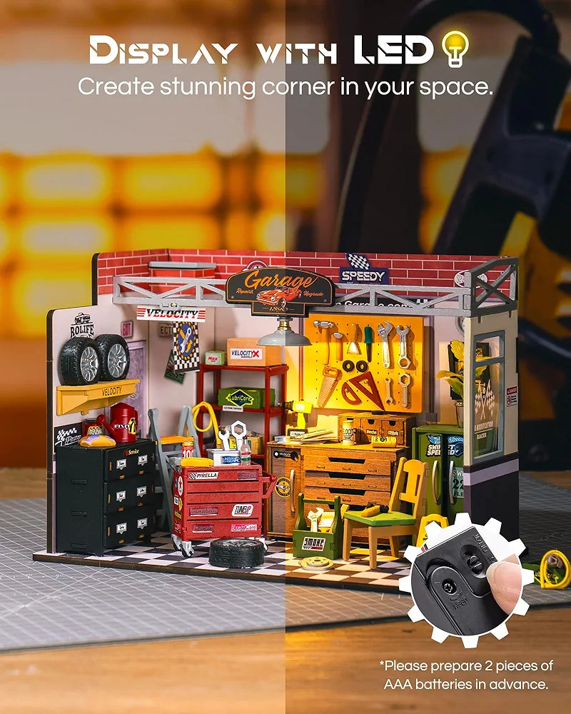 Miniature DIY Wooden Garage Workshop Kit with LED Lights
