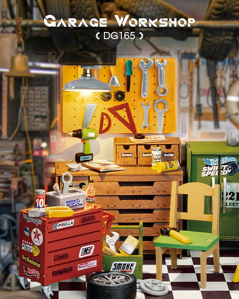 Miniature DIY Wooden Garage Workshop Kit with LED Lights