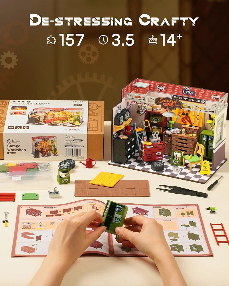 Miniature DIY Wooden Garage Workshop Kit with LED Lights
